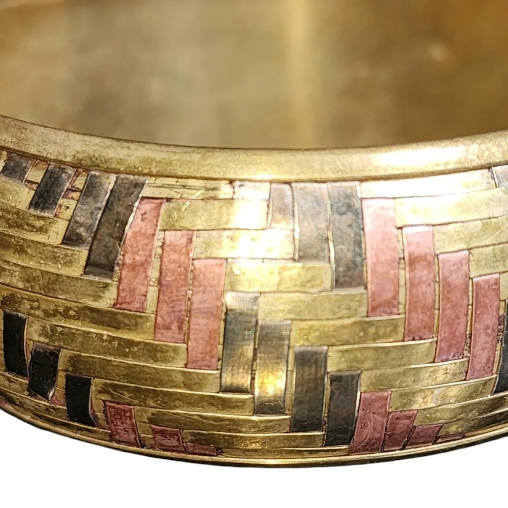 Vintage Boho Tri-Color Brass Copper & Silver Plated Basket Weave Bangle Bracelet